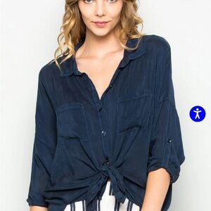 Maven West Blue Tie Front Button Down Shirt Ribbed Cuff new with tag